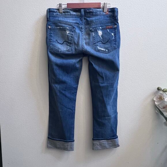 7 For All Mankind Crop Straight Leg Denim Blue Light Distressed Y2K Women's 26 - Picture 2 of 10